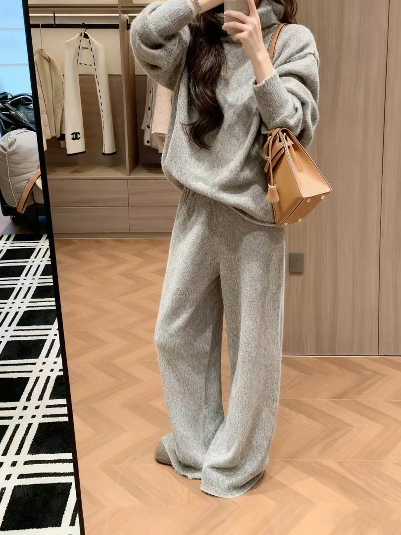 秋季韩系慵懒风高智气质针织衫上衣显瘦百搭休闲运动阔腿裤套装女