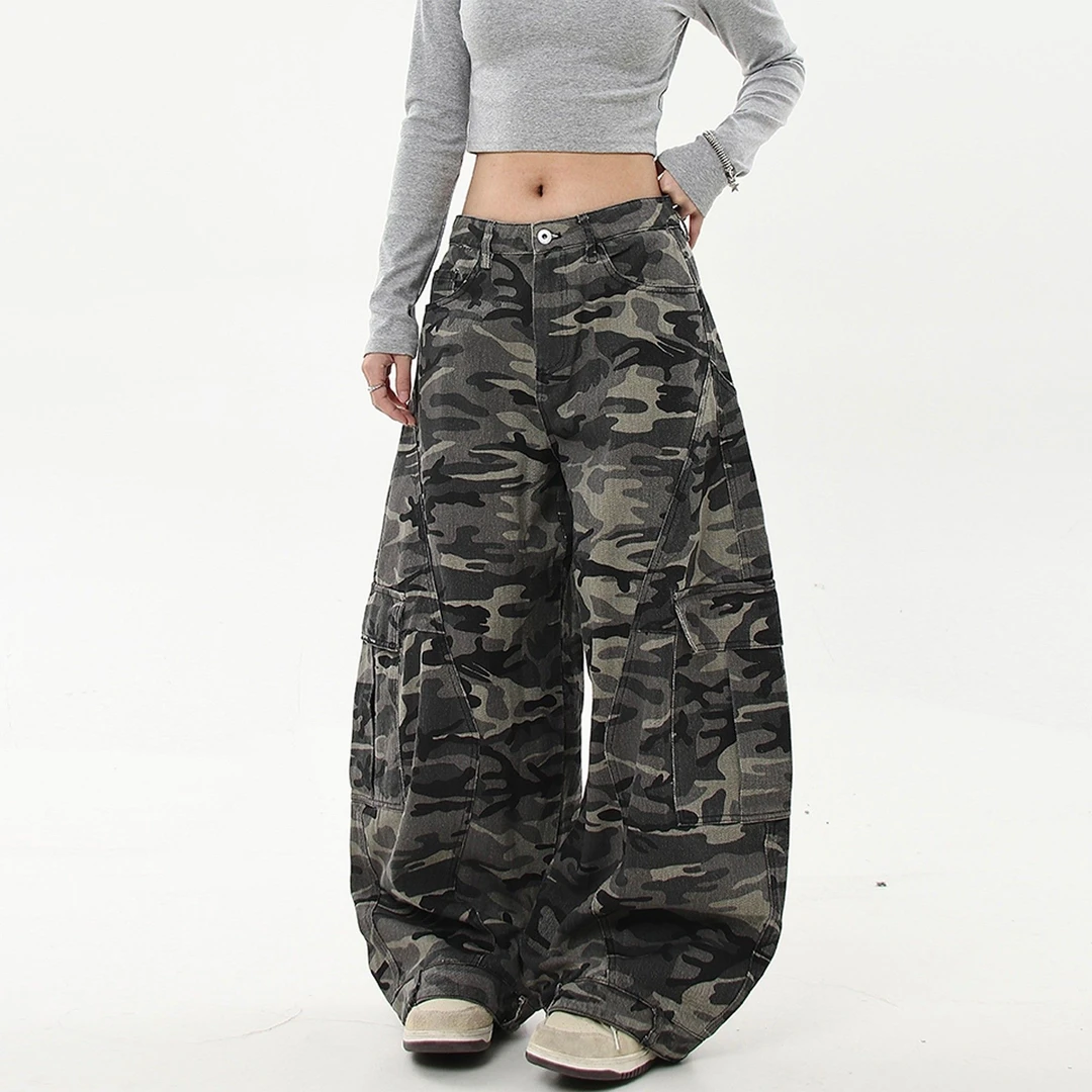 美式复古多口袋迷彩工装裤女阔腿大码解构香蕉弯刀裤