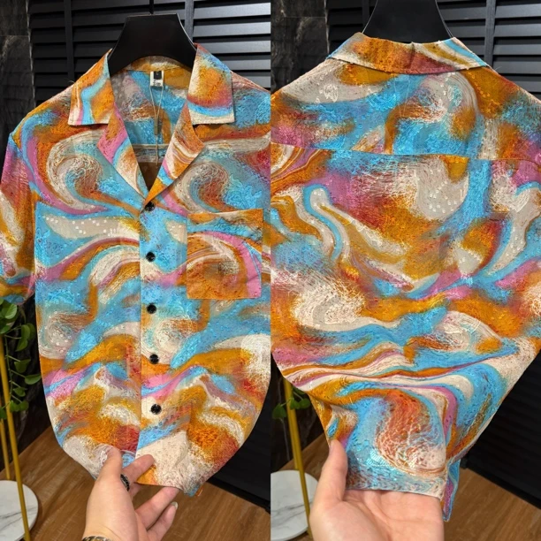 6782古巴领夏季男士短袖袖衬衫领衬衫休闲外套潮流男装薄款