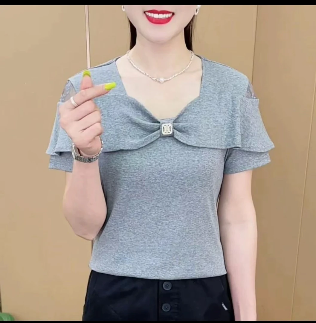 夏季新款气质百搭肩部造型蕾丝短袖