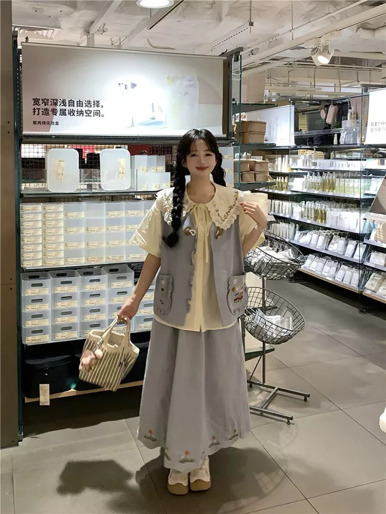 超美！打底蓝色衬衫➕马甲➕高腰拼接半裙三件套减龄大码春秋森系