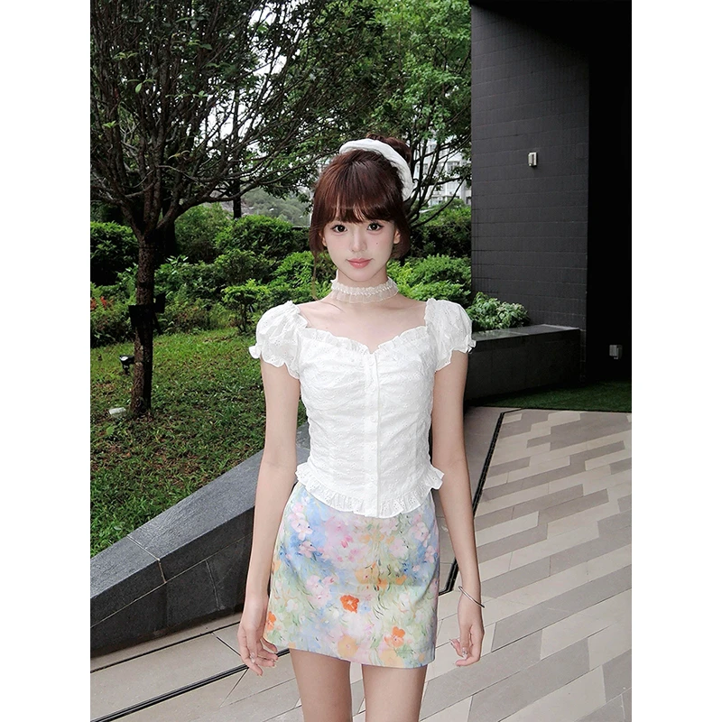 2025巨好看的套装法式一字肩露肩上衣晕染花朵半身裙绝美两件套装
