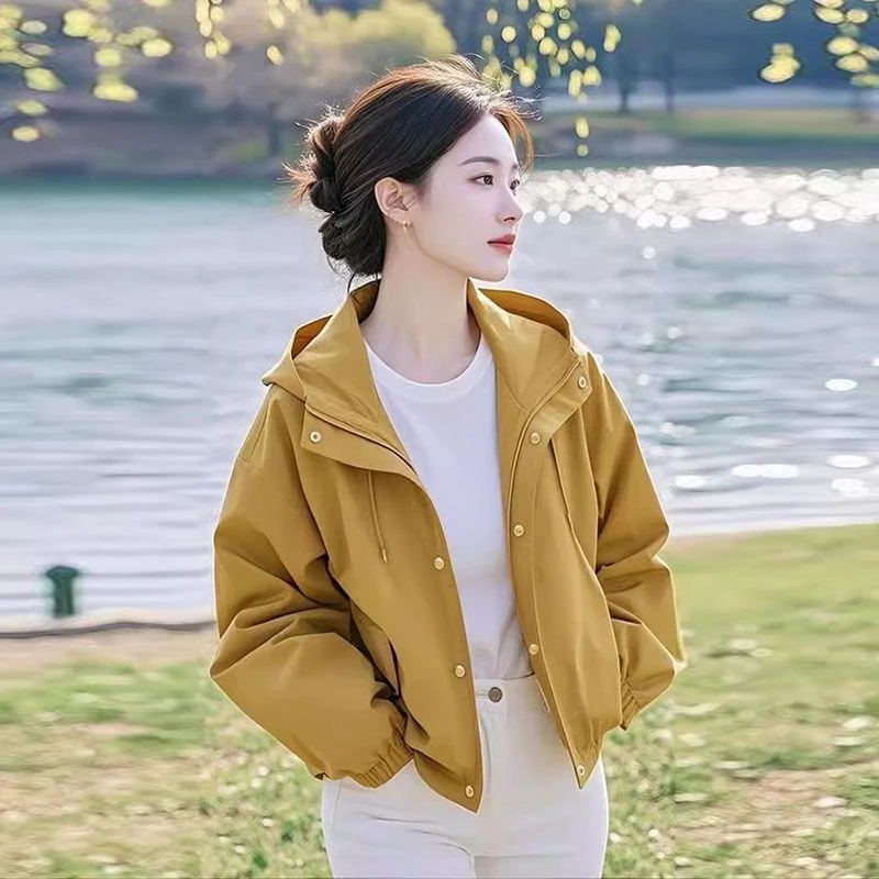 2025春新款今年流行爆款独特超好看休闲小众宽松黄色连帽短款外套