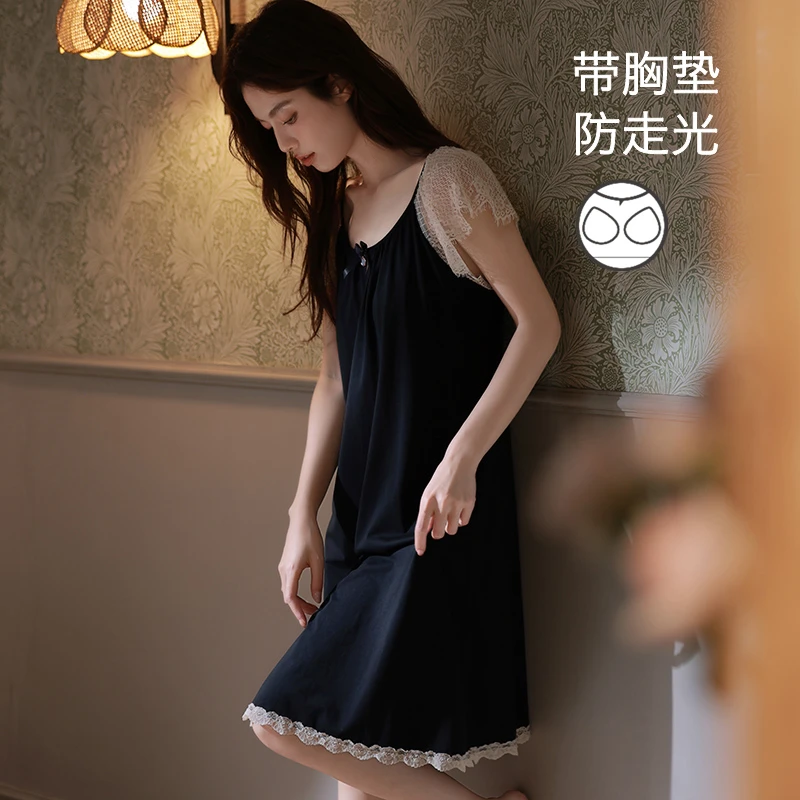 思莉太太带胸垫女士睡裙夏季凉感莫代尔蕾丝袖甜美夏天性感睡衣裙