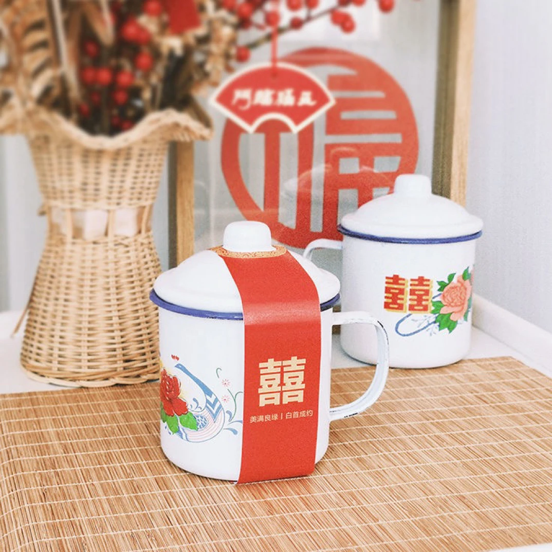 双喜搪瓷缸子喜礼喜糖盒花卉款搪瓷杯子茶缸结婚婚庆复古创意