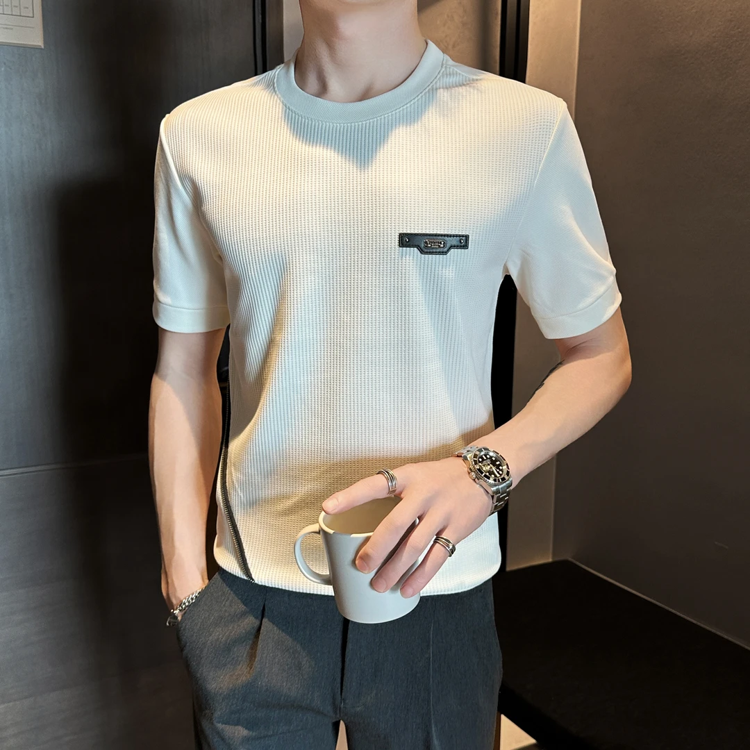 设计感短袖卫衣男秋季2025新款爆款华夫格休闲T恤潮流痞帅打底衫