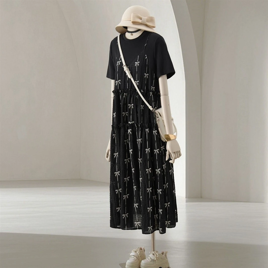 黑色假两件印花连衣裙女2025夏季新款法式小资气质显瘦短袖长裙女