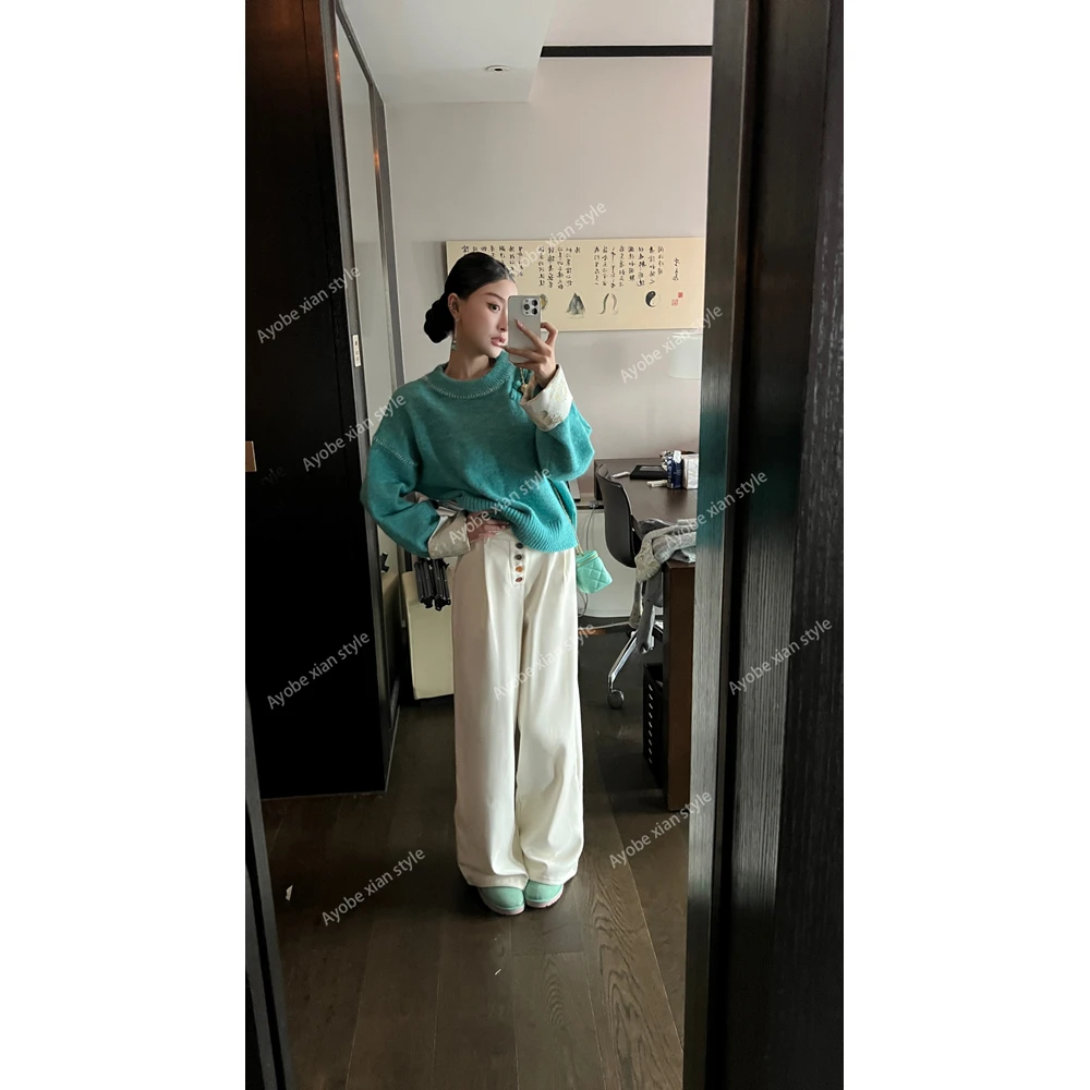【AYOBE】小贤  简约智感彩扣纽装饰垂感休闲显瘦松弛直筒裤
