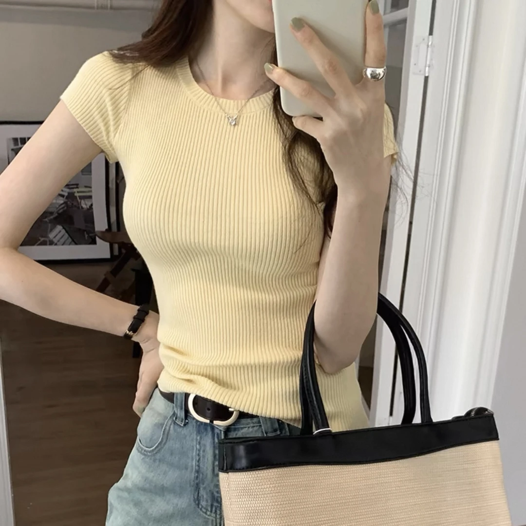 韩版小众设计感夏季新款短袖女修身显瘦百搭时尚针织上衣#3013