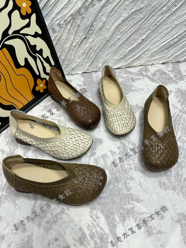 复古牛皮手工编织一脚蹬软底小跟妈妈鞋