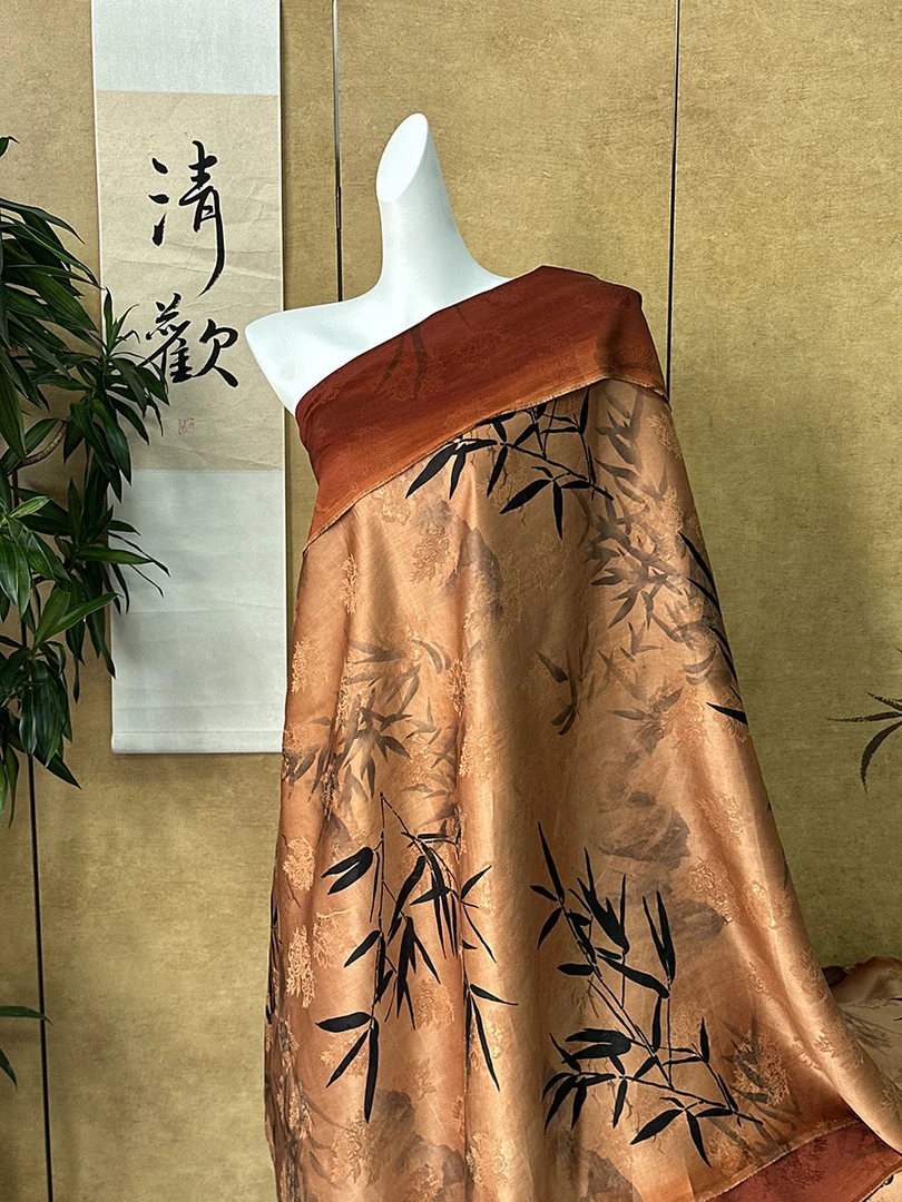 提花缎萝红云纱·浮光竹影110门幅26姆米左右 桑蚕丝服装面料布料