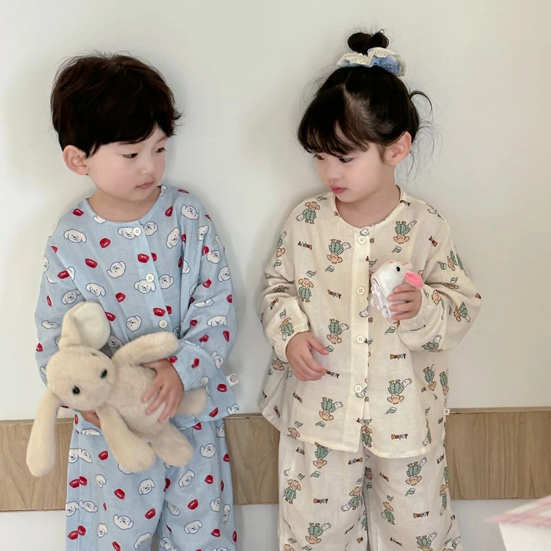 儿童100%婴幼儿棉纱睡衣长袖套装春秋季2025纯棉男女童可爱家居服