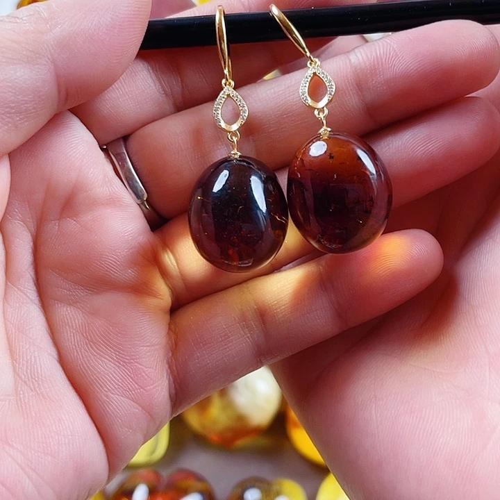 琥珀银S925镶嵌裸石耳环