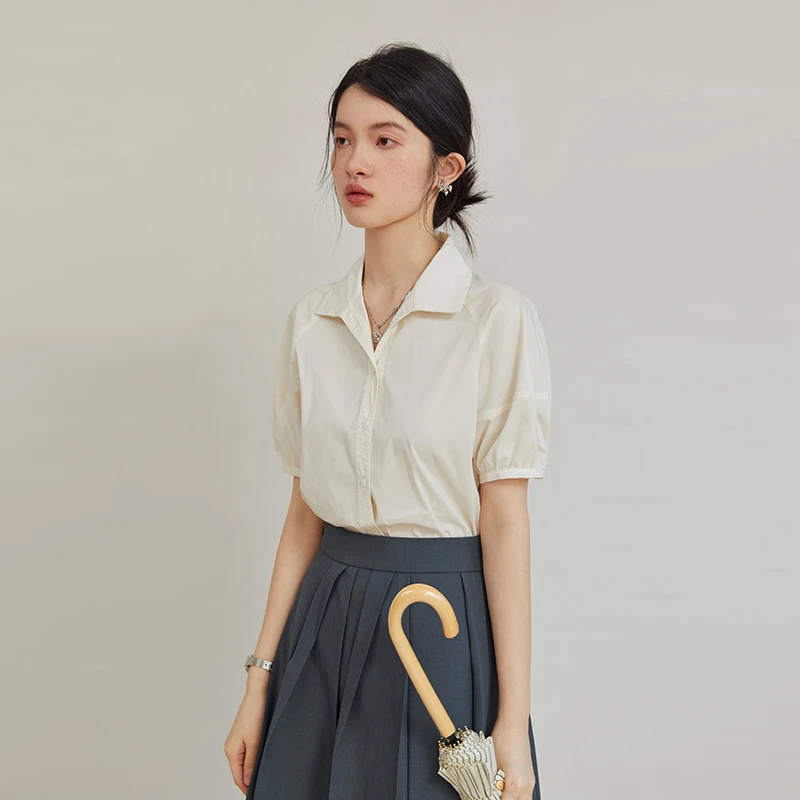 自巧小个子女装穿搭法式复古棉感衬衫短袖休闲宽松衬衫23ZQ92161