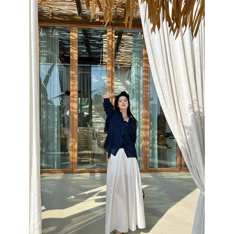 时尚套装慵懒风休闲百搭设计感长袖衬衫上衣高腰垂感半身裙套装女
