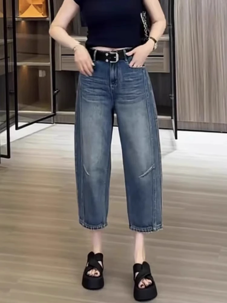时尚复古百搭宽松阔腿牛仔裤女夏薄款大码高腰遮胯显瘦八分弯刀裤
