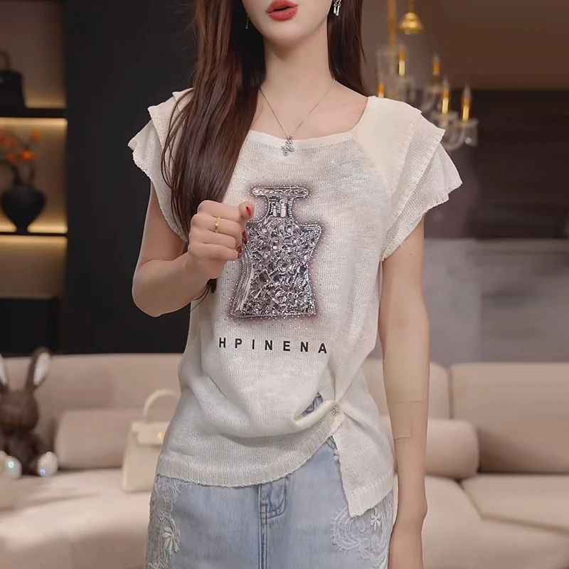 小众独特漂亮小衫上衣女夏季薄款烫钻香水欧若风小飞袖针织衫Y