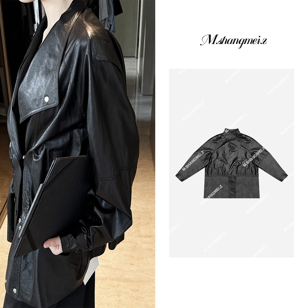 M.SHANGMEI.Z/沐熙【宣纸酷飒】美大哥真皮复古宽松皮衣X032158