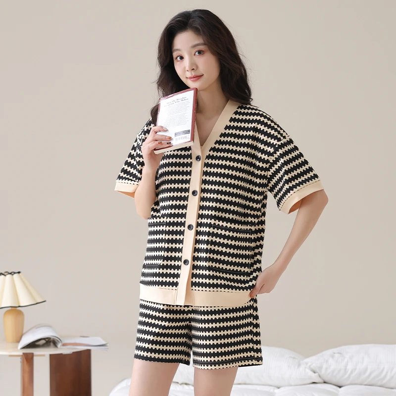 4551带胸垫开衫夏季优质棉睡衣短袖短裤女休闲睡衣家居服套装MJL