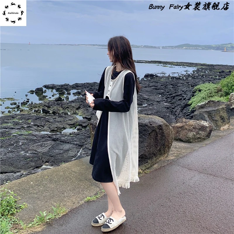 长袖宽松t恤连衣裙休闲2025新款女春秋罩衫两件套黑色孕妇设计感