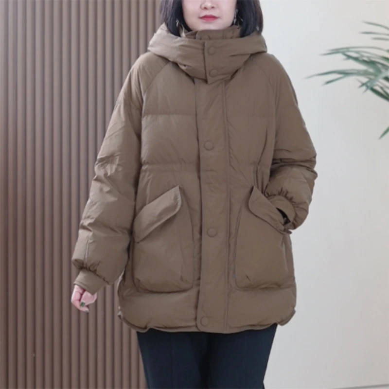 连帽保暖羽绒服女大码简约休闲面包服时尚90白鸭绒百搭简约外套潮