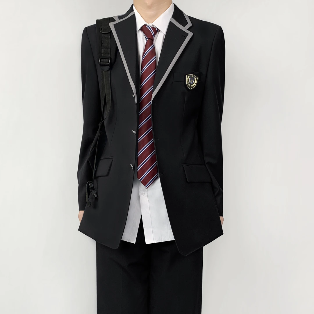 木村叔dk制服黑色西服外套男春秋季原创撞色镶边领青少年感西装