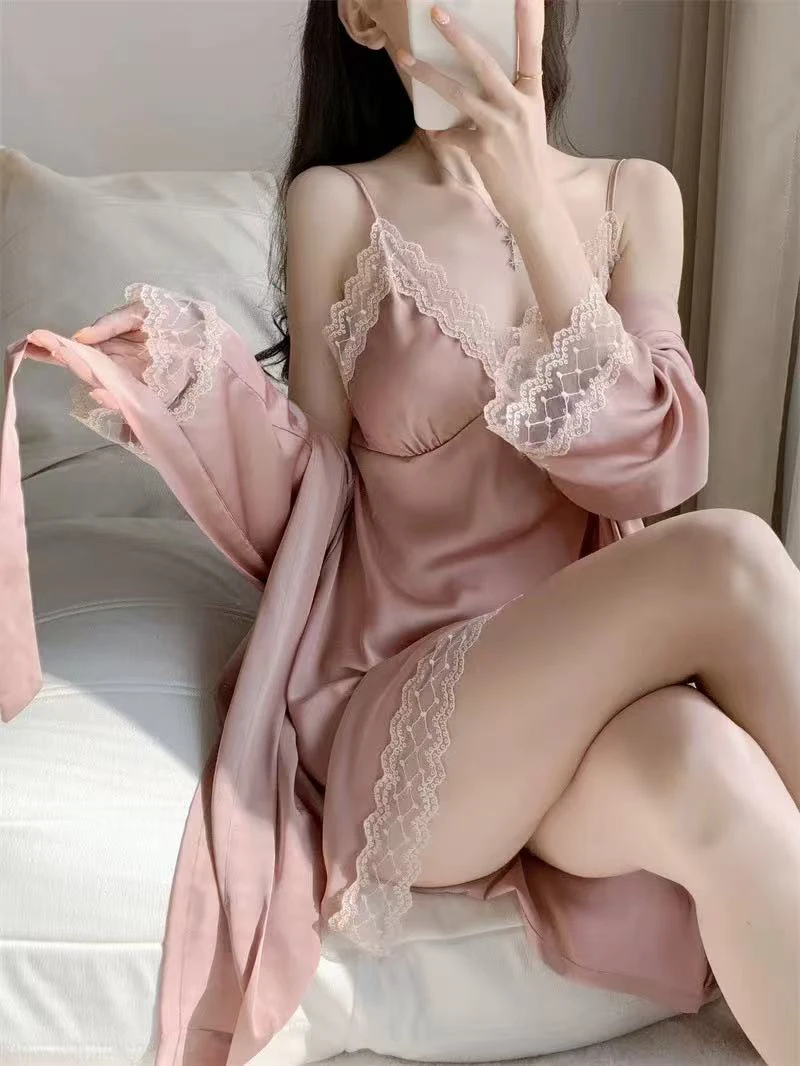 性感睡衣女夏季吊带睡裙2025年新款带胸垫冰丝长袖睡袍两件套薄款
