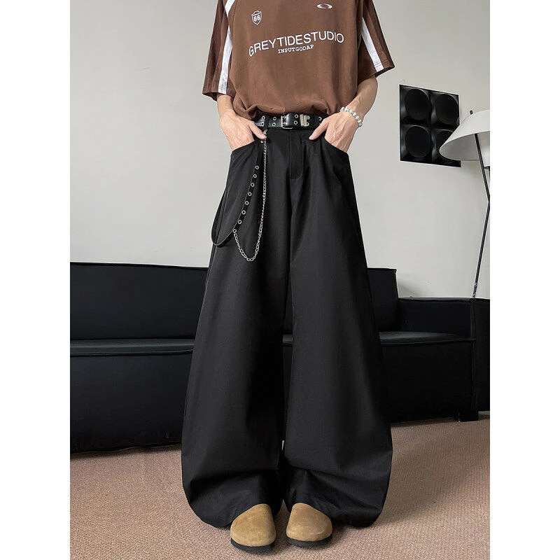 黑色痞帅链条弯刀弧形工装裤男高级感设计褶皱裤子春款阔腿拖地裤