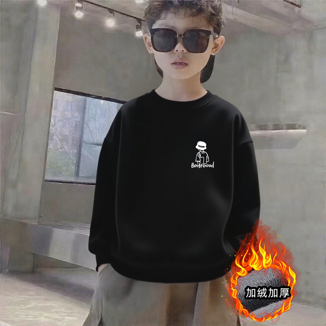 男童加绒卫衣潮牌时尚圆领童装卫衣2025中大童黑色潮酷上衣时髦潮