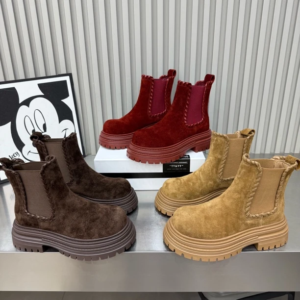 景1381-1新款厚底松糕磨砂皮圆头马丁靴舒适百搭洋气短靴