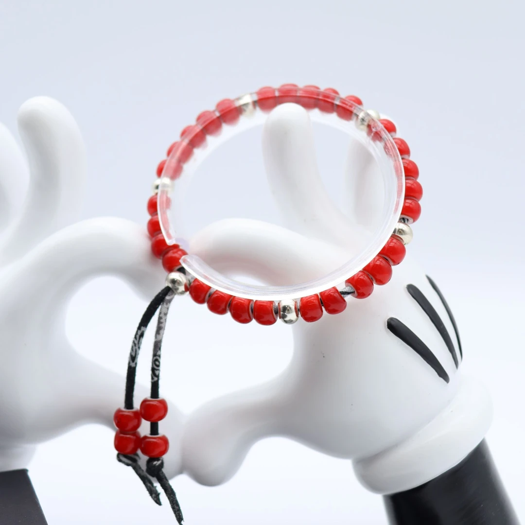 925银玻璃手链  CORNER 大红琉璃手串，古布绳银珠单松串搭 手串