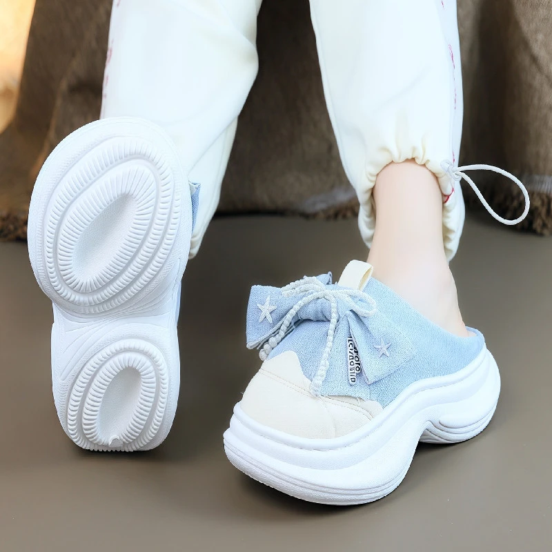 牛仔蓝蝴蝶结厚底毛毛拖鞋女外穿2025新款秋冬包头棉拖鞋