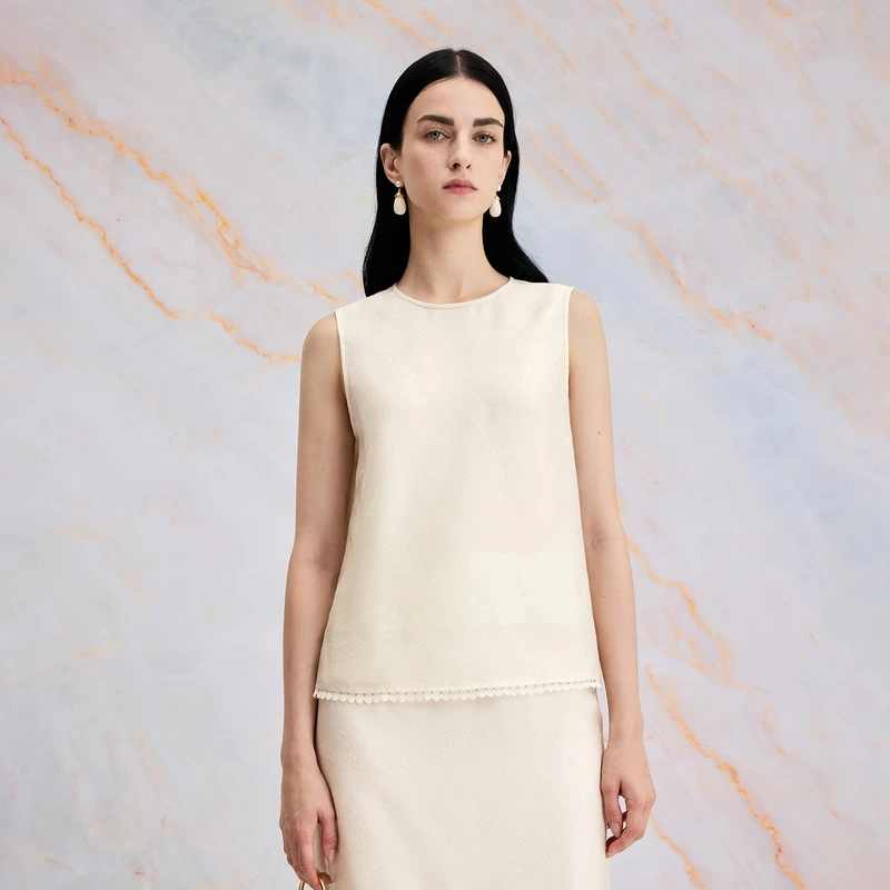 寺山文也 清韵/新中式套装浮雕真丝提花宽松圆领无袖背心上衣女夏