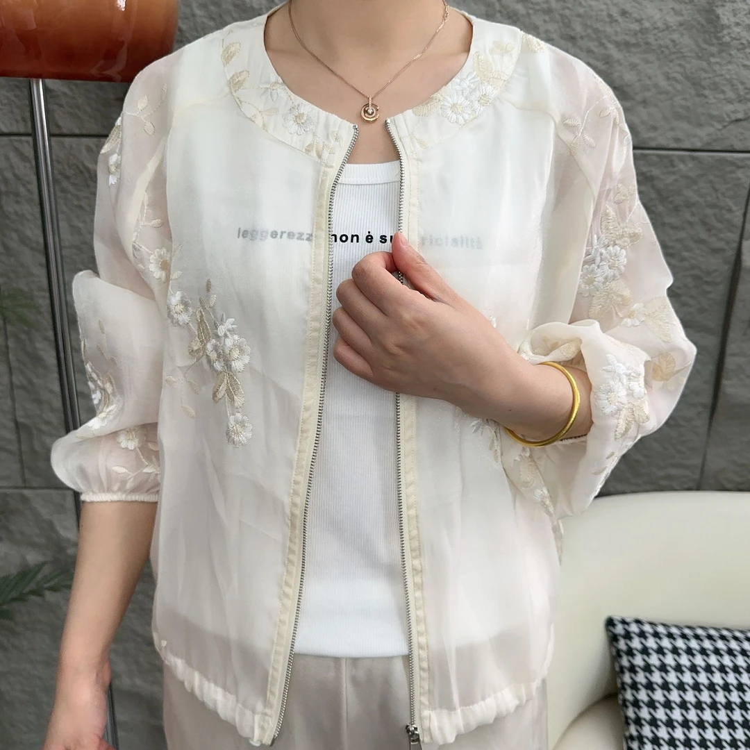 夏季时尚百搭开衫外套新中式休闲宽松女圆领薄款单层刺绣防晒夹克