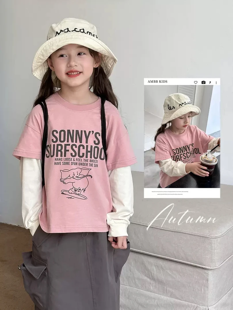 清仓！拉萨发货百搭女童上衣潮韩版洋气拼接卡通字母假两件长T恤