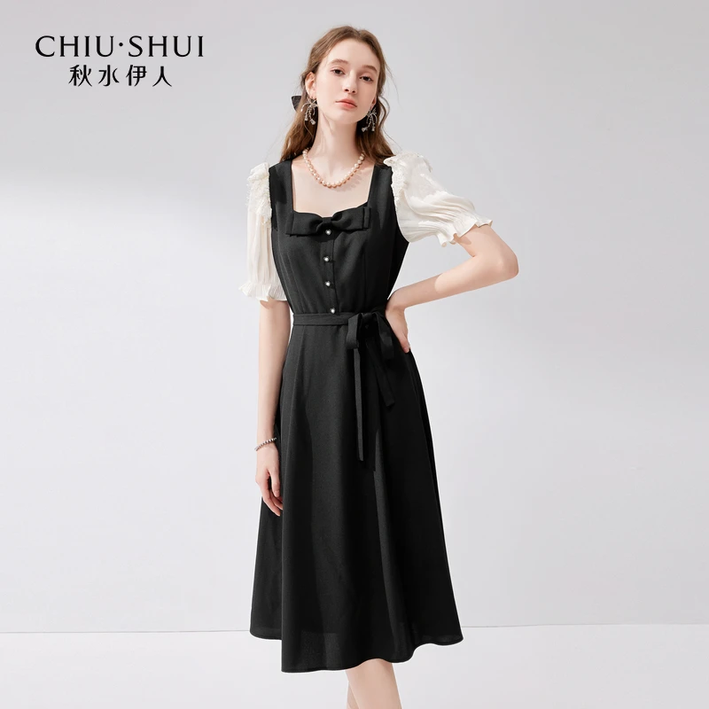 秋水伊人法式方领显瘦连衣裙2024年夏季新款女蝴蝶结高级感小黑裙