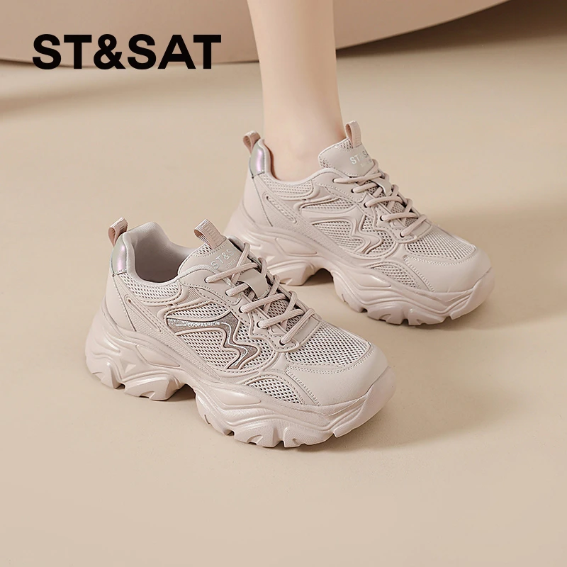 星期六6CM厚底紫色老爹鞋女2025秋爆款透气网面小白鞋时尚运动鞋