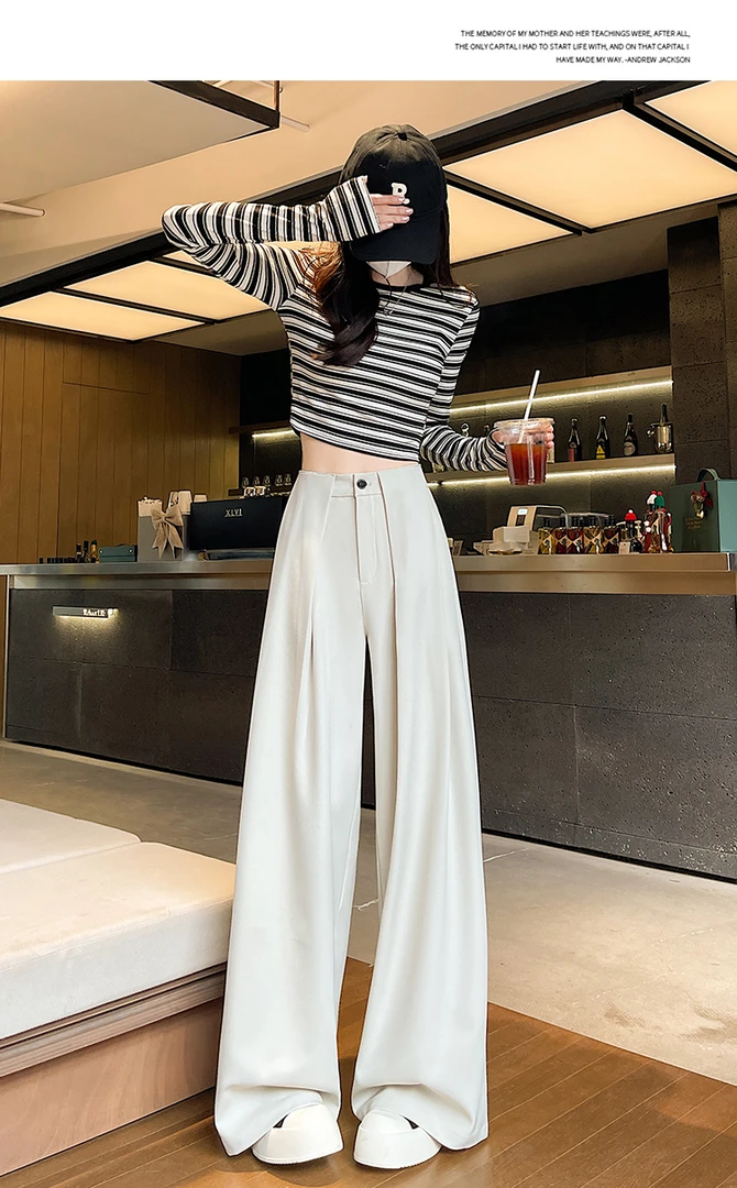 裤长114cm裤子白色女春季新款高级感裤垂感压褶拖地西装裤女款
