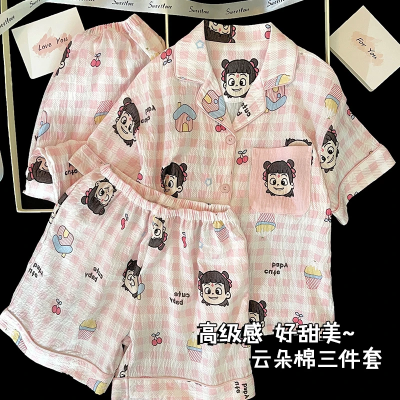 伊束姿女孩云朵棉儿童宝宝中大童云朵棉睡衣三件套女童夏季家居服