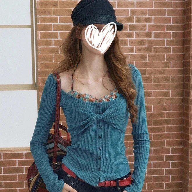 2025冬季新款撞色假两件扭结挂脖T恤女