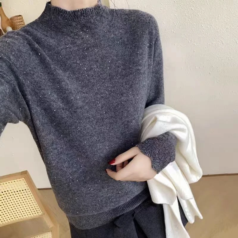 冬季女时尚简约半高领套头毛衣宽松显瘦纯色上衣保暖针织衫亮片13