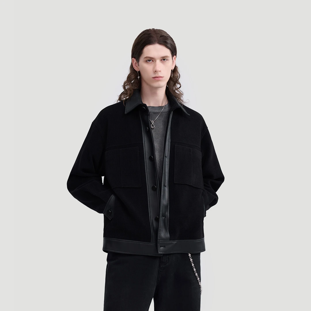 HERBEL/黑白秋款男士外套短款夹克休闲翻领宽松百搭运动拼接