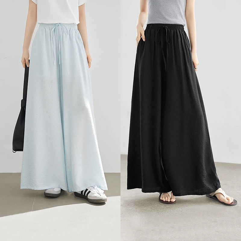 对白松弛麻感宽松阔腿裤裙女2025夏新款松紧腰垂感显瘦直筒休闲裤