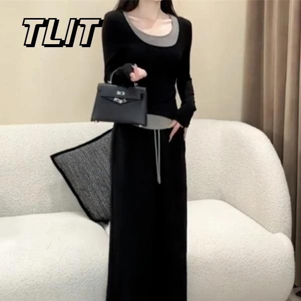 TLIT韩版时尚休闲套装女2025秋冬新款洋气假两件上衣阔腿裤两件套