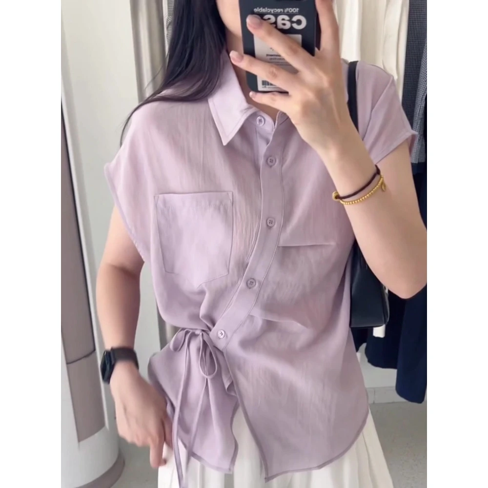 紫色衬衫2025夏季新款韩版女Polo领短袖衬衣宽松防晒上衣超好看女