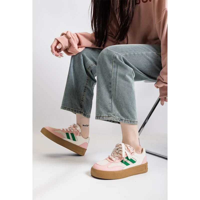板鞋女2025春季新款学院休闲风拼色德训板鞋系带运动小白鞋女