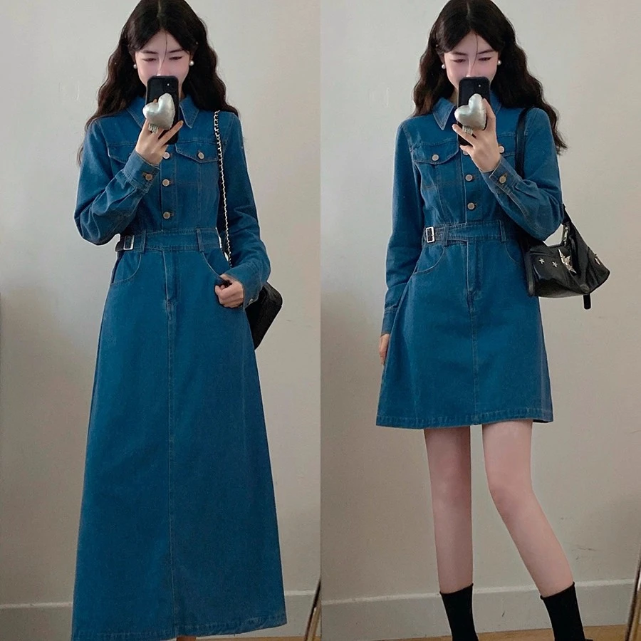大码女装秋冬港风复古牛仔长袖新款休闲收腰显瘦连衣裙