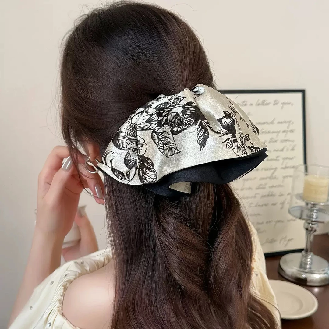 国潮水墨画印花裙摆马尾夹高级感缎面抓夹半扎发夹发卡时尚头饰女