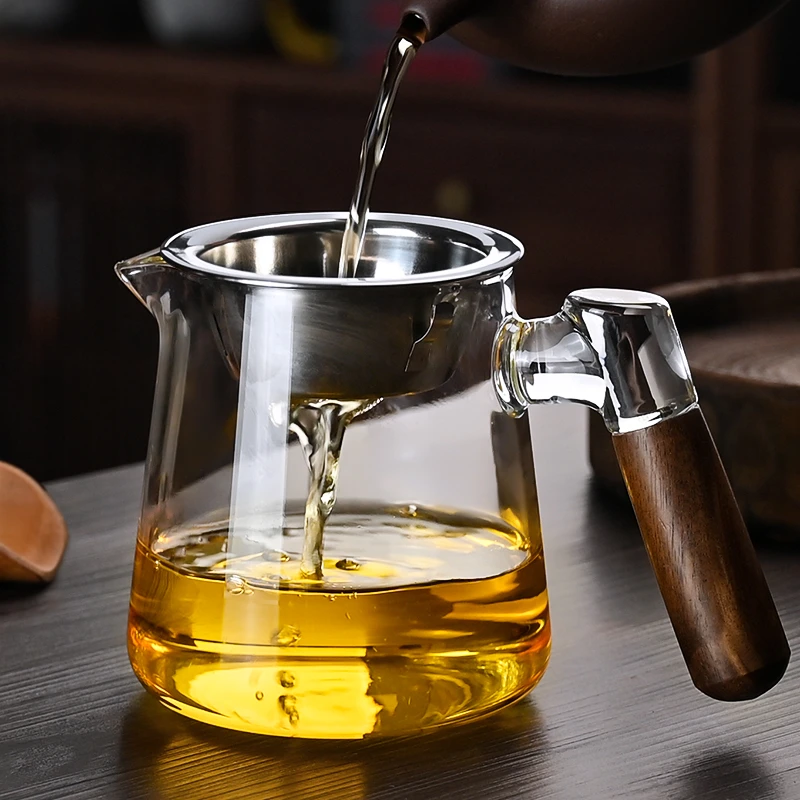 新款玻璃公道杯木把耐热加厚玻璃高端分茶器茶滤一体茶漏茶杯茶具
