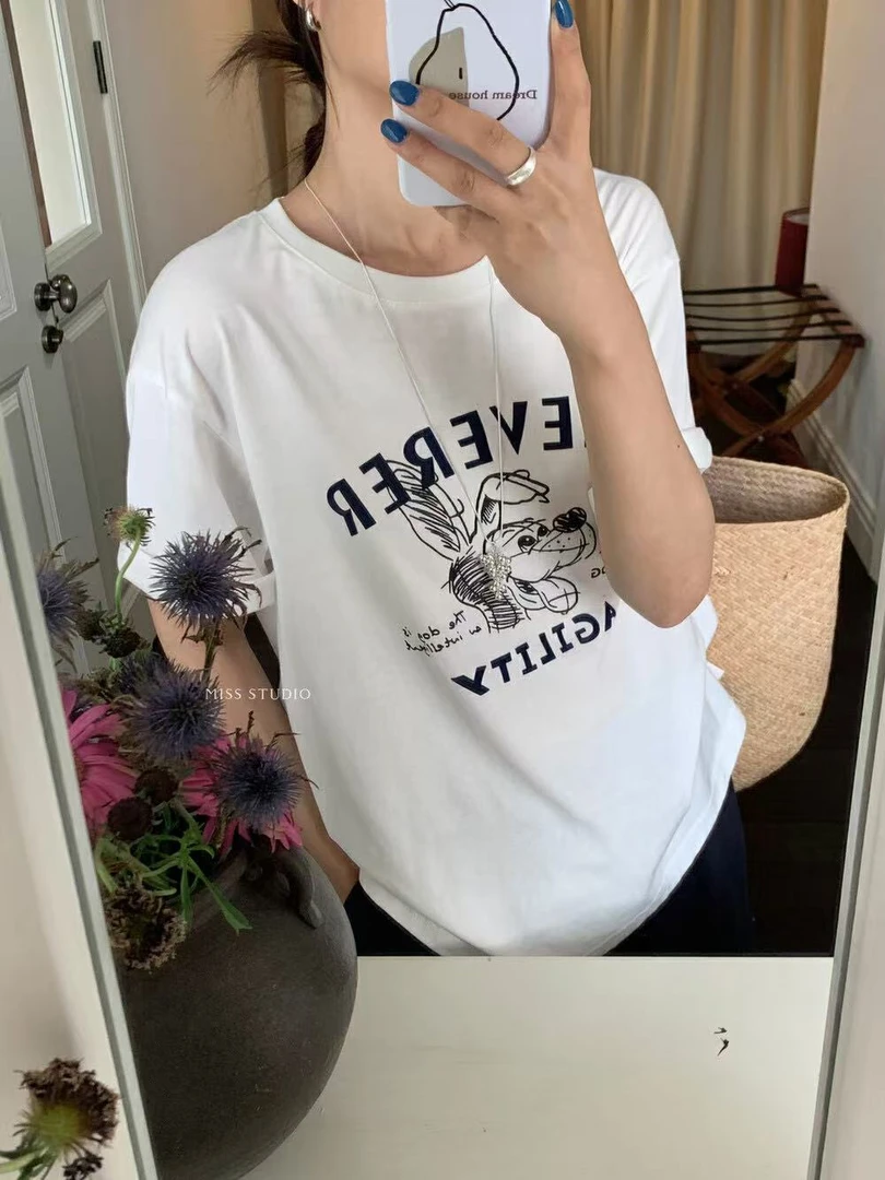 密思@88987 韩系简约卡通印花宽松短袖T恤 7-1